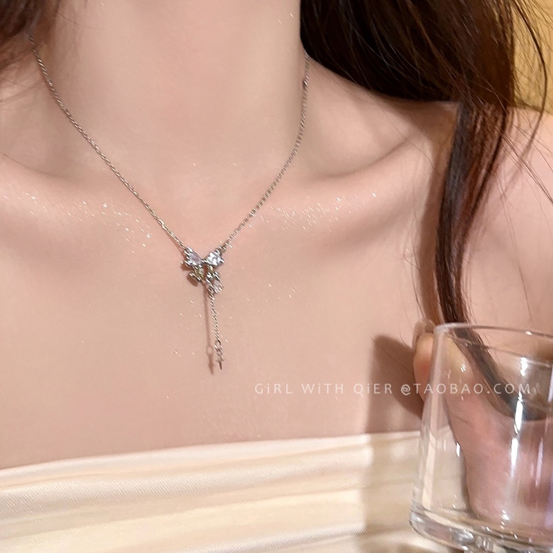 Bow Necklace Kalung Liontin Kupu-Kupu Kristal Perak Untuk Aksesoris Perhiasan Fashion Wanita