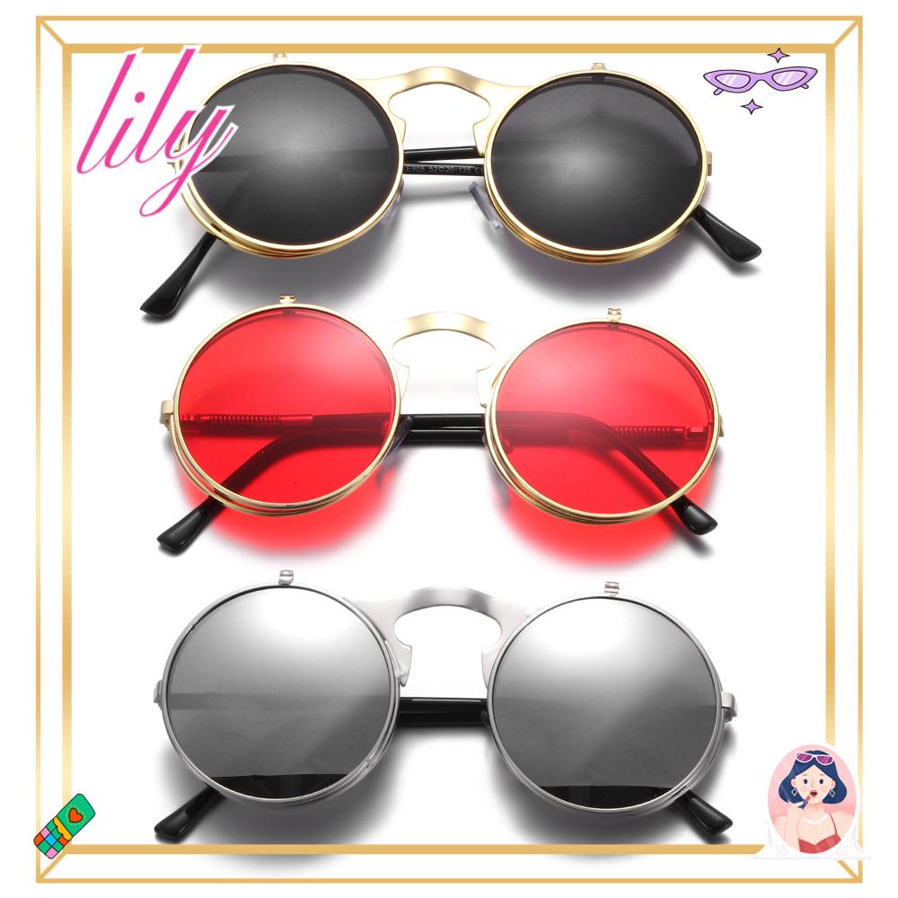 Lily Kacamata Hitam Flip-Up Kacamata Lingkaran Vintage Frame Metal Steampunk Sunglasses