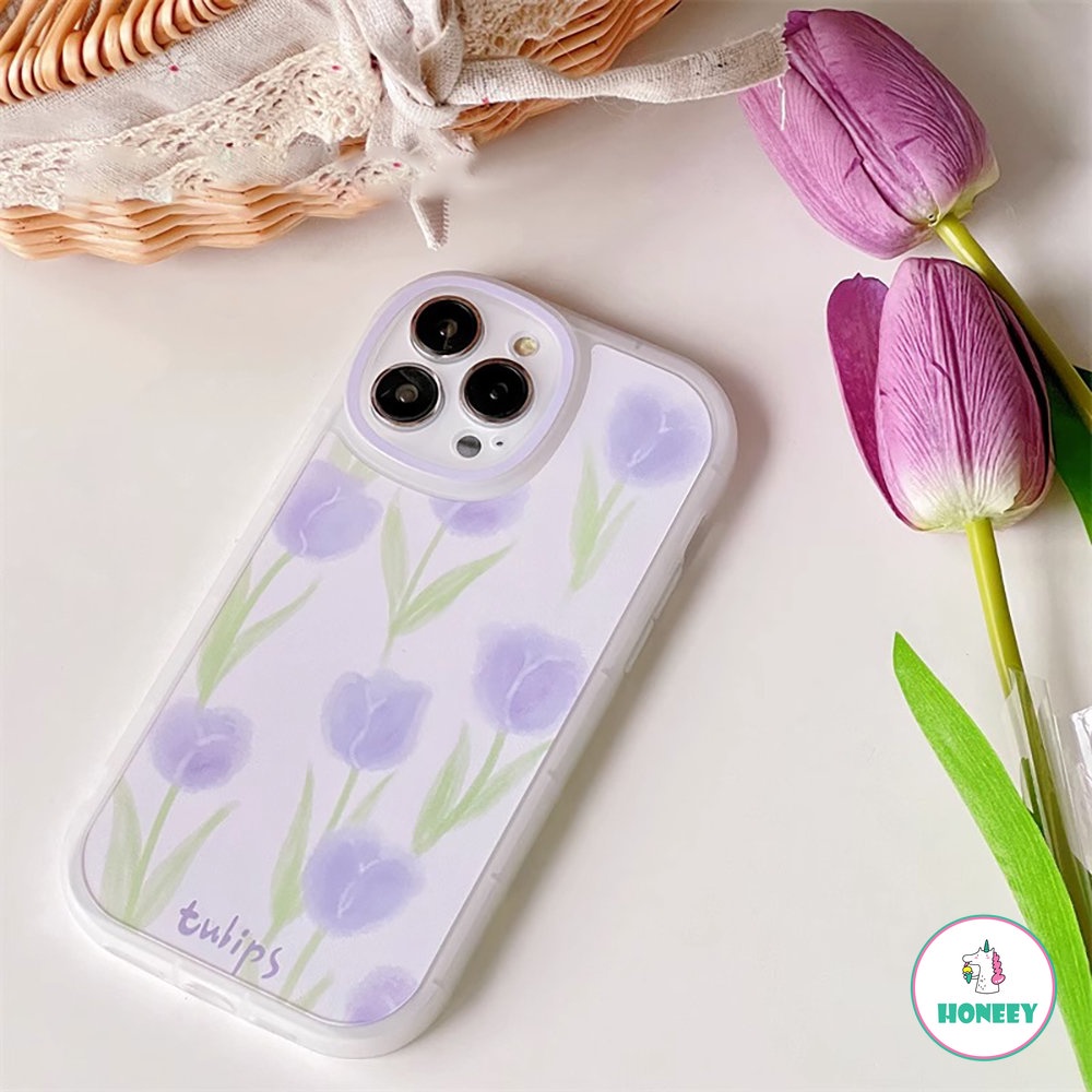 Casing Kamera Bulat INS Tulip Ungu Untuk iPhone X XR XSMAX 14 12 13 Pro Max 11 Promax 7 8 Plus Sarung Telepon Lucu