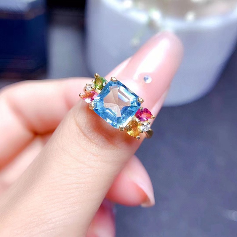 Baru Mewah Zamrud Cutting Santa Maria Buatan Aquamarine Laut Biru Topaz Cincin Untuk Wanita Warna Perak Perhiasan Pernikahan