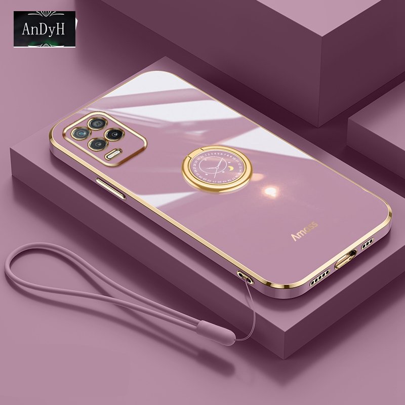 Andyh Casing Ponsel Silikon Ultra Tipis Untuk OPPO Realme8 5G Realme Narzo 30 5G Realme V13 Q3i 5G Deluxe Fall Protection Gold Band Dengan Jam Cincin Dan Lanyard Gratis
