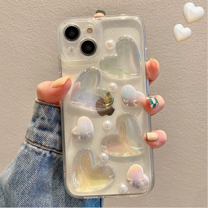 3D Crystal Laser Pearl Love Soft Case for IPhone 7 8 Plus X XS XR XS Max 11 13 12 14 PRO Max 14 Plus Clear Phone Case for Girl Women Gift