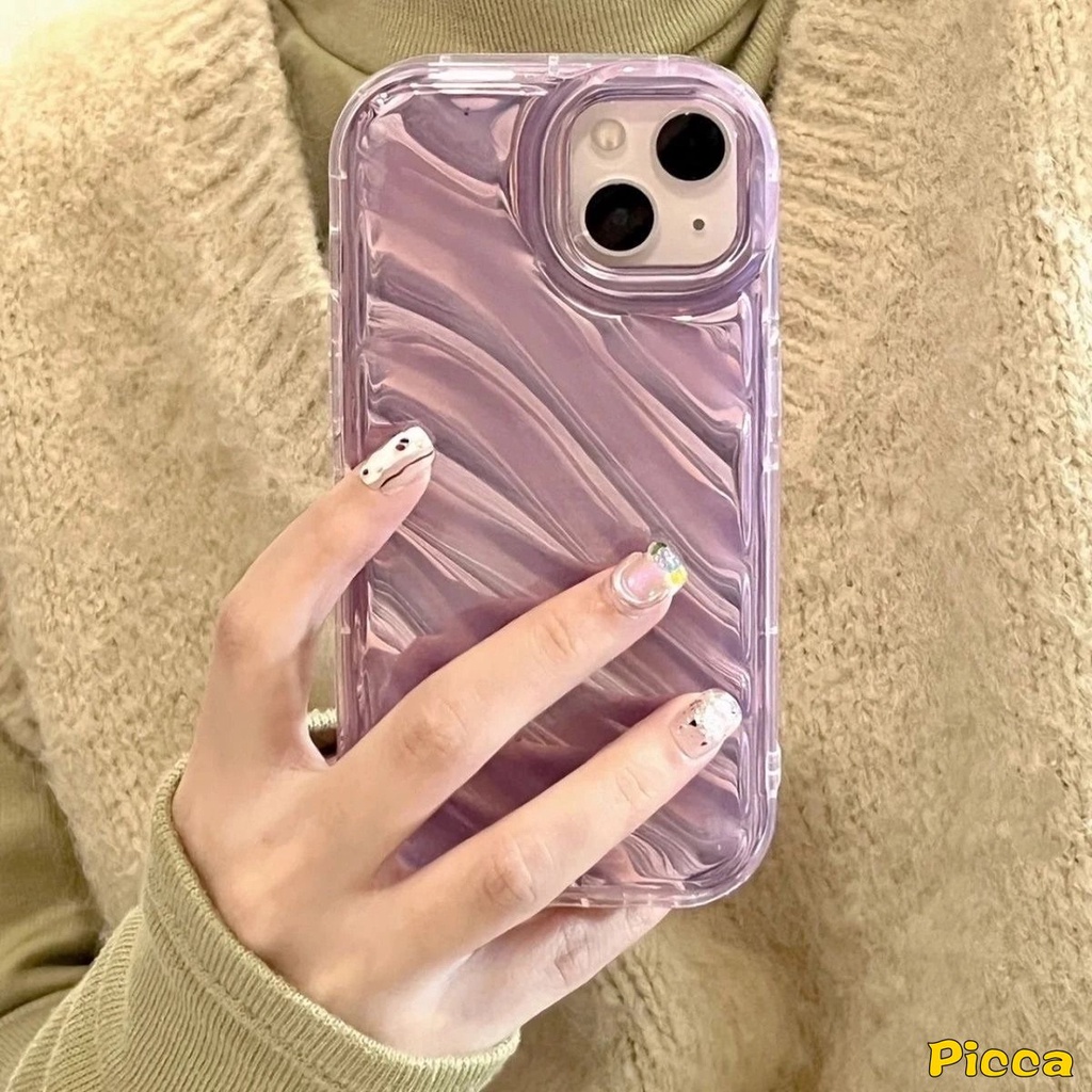 IPHONE 3d Wavy Curved Luxury Ins Dazzle Laser Color Case Kompatibel Untuk Iphone11 13 12 14 Pro MAX 7-8 6 6S Plus XR X XS MAX 7Plus 8Plus SE 2020 Soft Tpu Simple Macaron Color Back Cover