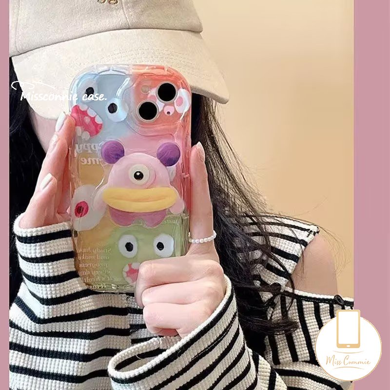 IPHONE Case Monster Kecil Kartun Lucu Kompatibel Untuk Iphone11 14 13 12 Pro Max7 8 6 6s Plus XR X XS Max 7Plus SE 2020 3D Wavy Curved Edge Soft Cover Dengan Braket Stand Ponsel