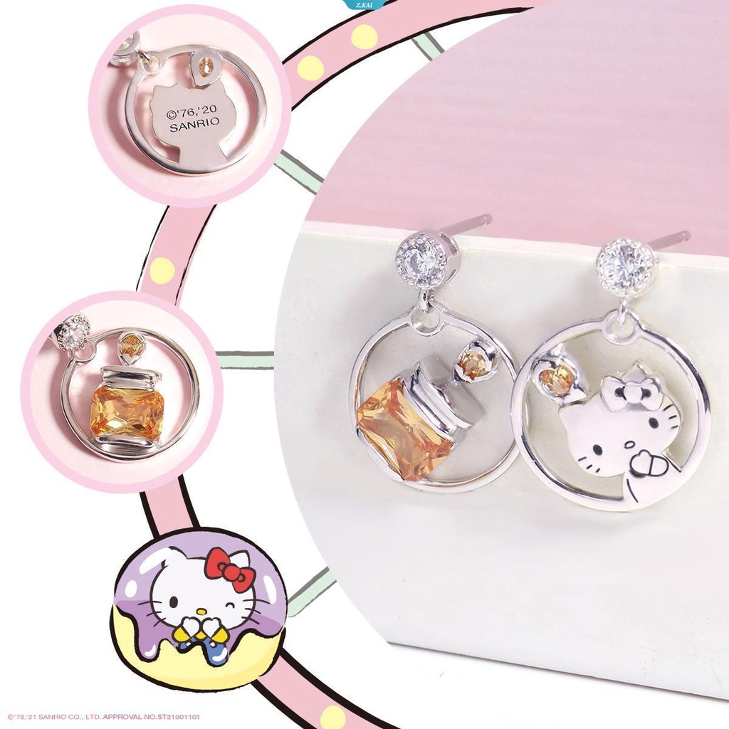 Sanrio Kawaii Fantasy Paradise Hello Kitty Jam Kristal925Perak Anting Stud Earrings Kwaii Perhiasan Hadiah Ulang Tahun Gadis Anting [ZK]