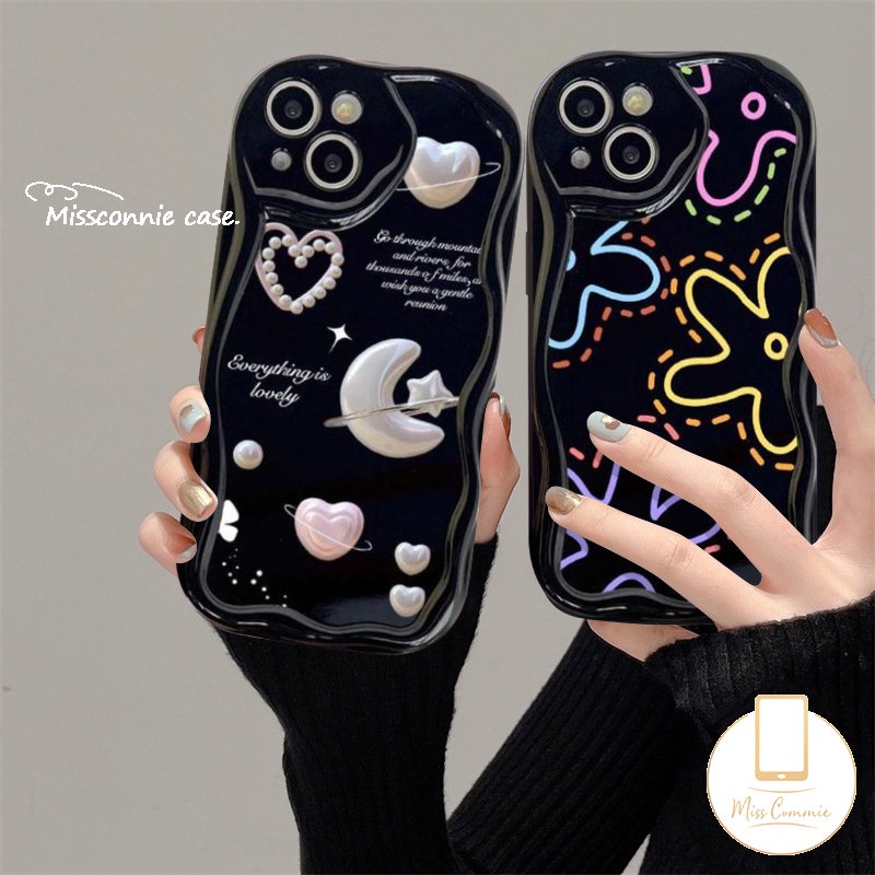 Case Bunga Garis Simple Untuk Redmi 9A 9C A1 9 10A 10 9T 10C 9C NFC A2 Redmi Note10 8 9 12 11 11s 10 Pro Max POCO M3 3D Tepi Melengkung Bergelombang Glossy Lembut Bulan Bintang Love Hati Sarung