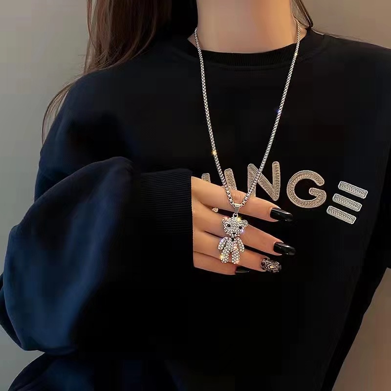 Lucu Penuh Berlian Beruang Bumi Keren Street Wear Kalung Ins Gaya Eropa Amerika Influencer Disco Hip Hop Liontin Unik Sweater Rantai