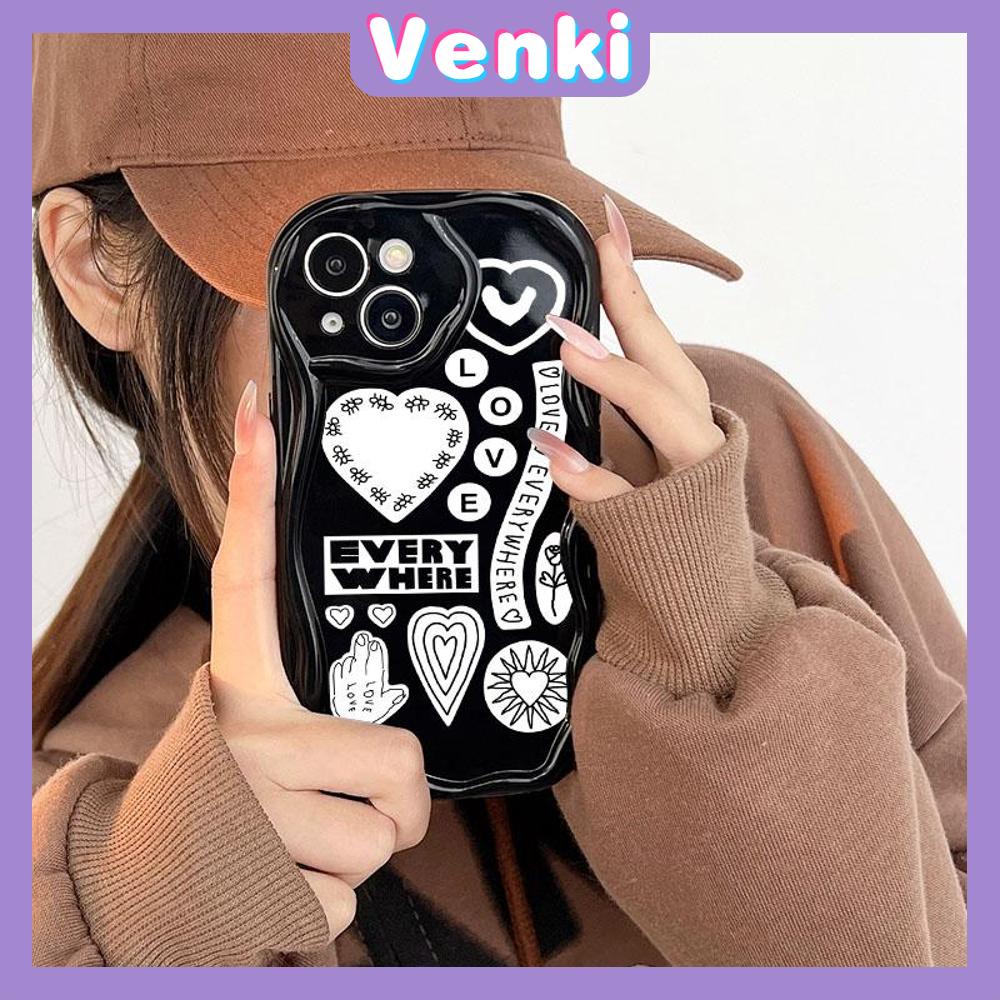 VENKI - Untuk iPhone 11 Case Curved Edge Wave Case Glossy Black TPU Airbag Shockproof Camera Case Surat Cinta Lucu Kompatibel dengan iPhone 14 13 Pro max 12 Pro Max xr xs 7Plus 8Plus