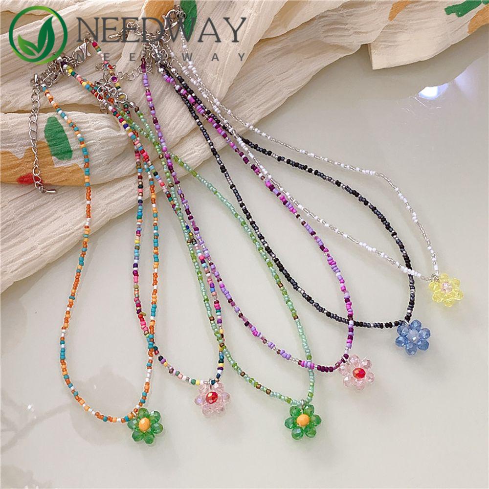 Needway   Kalung Manik Kristal Elegan Liontin Sederhana Gaya Bohemian Perempuan Retro Korea Gaya Klavikula Rantai