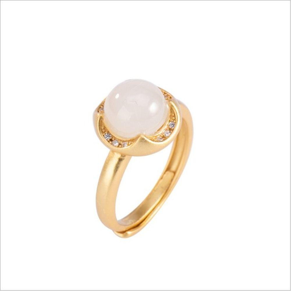 Mxbeauty Hetian Cincin Giok Retro Cincin Perhiasan Emas Geometris Wanita Jari Cincin Hijau Gaya Cina Cincin