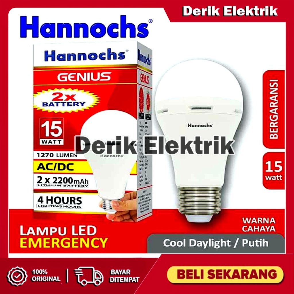 LAMPU LED EMERGENCY HANNOCHS GENIUS AC / DC 6 / 8 / 10 / 12 / 15 WATT CDL - CAHAYA PUTIH