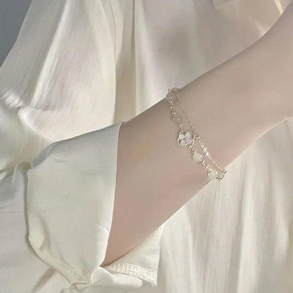 Mxbeauty Gelang Giok Imitasi Elegan Serbaguna Hadiah Gadis Indah Manik-Manik Mawar Sederhana Double-layer Wanita Tangan Rantai