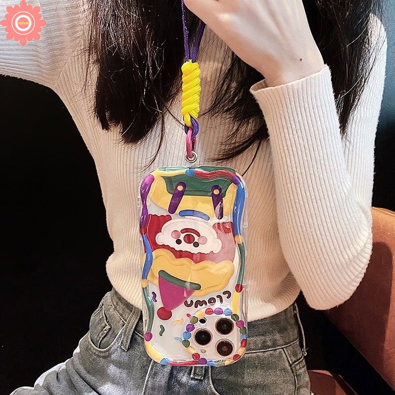 Untuk Redmi A1 9T10C 10 10A A2 9 9A 9C NFC POCO M3 Redmi Note8 9 11 10s 11s 12 10 Pro Max Dengan Tali Tangan Lanyard Gelang Korea Kartun Lucu Badut Lembut 3D Bergelombang Pinggiran Melengkung Case