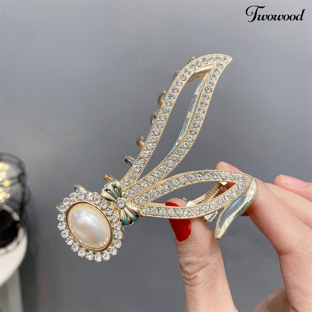 Twowood Wanita Cakar Rambut Bentuk Telinga Kelinci Vintage Berlian Imitasi Dekorasi Busur-Simpul Cakar Kuat Hiasan Rambut Stainless Faux Pearl Lady Hair Grip Hair Styling Tool