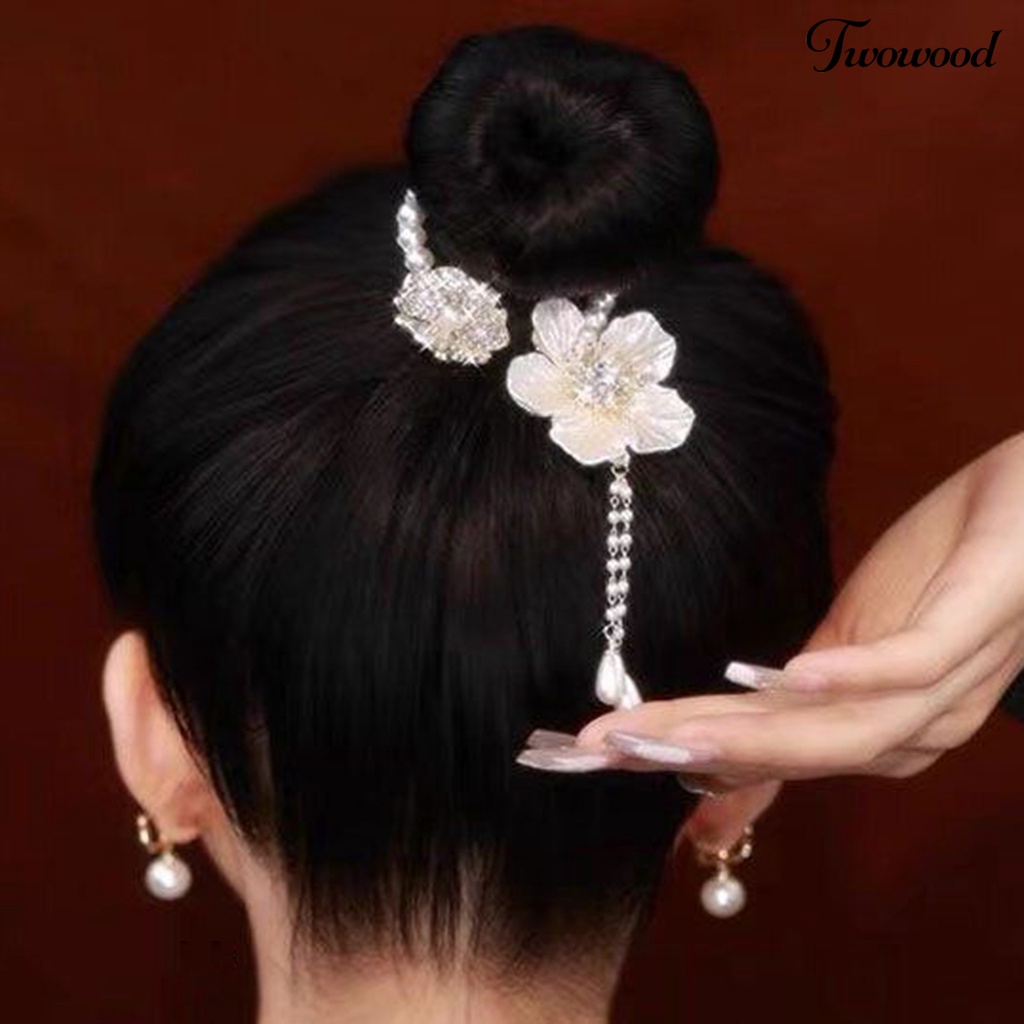 Twowood Lady Ponytail Claw Flower Panjang Rumbai Camelia Mutiara Imitasi Mengkilap Berlian Imitasi Hiasan Rambut Dengan Gigi Anti Putus Anti-slip Klip Rambut Aksesoris Rambut