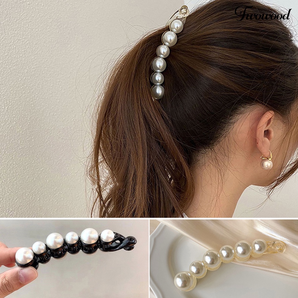 Twowood Ponytail Holder Cross Teeth Non-slip Faux Pearl Decor Anti Patah Anti-Retak Rambut-fixed Banana Clip Curled Ponytail Barrette Aksesoris Rambut