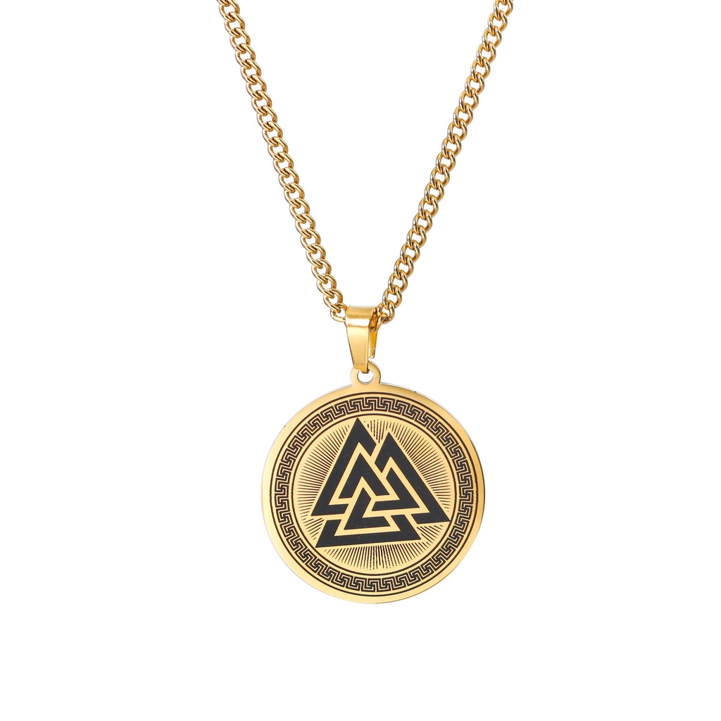 [X C Kalung] Emas &amp; Perak Baru Hip-hop Punk Retro Odin Valknut Segitiga Simbol Liontin Kalung Anti Karat Untuk Pria Dan Wanita Hadiah Liburan Perhiasan