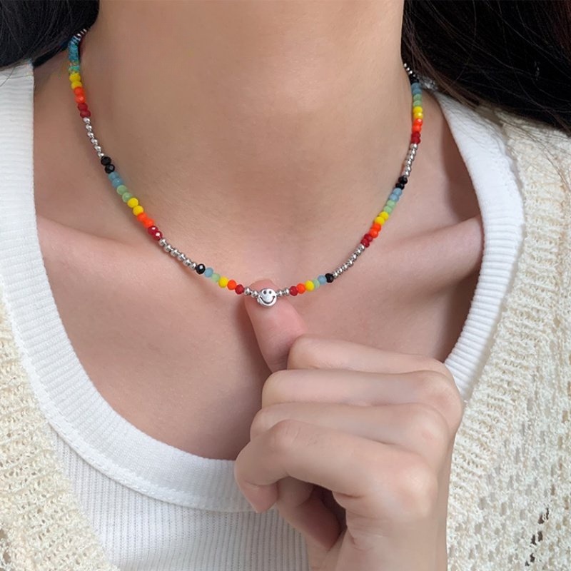 Papaozhu Trendi Manik-Manik Kecil Warna-Warni Smiley Face Choker Kalung Untuk Wanita Gadis Korea Pelangi Resin Manik-Manik Rantai Kalung Pendek Perhiasan Accesories