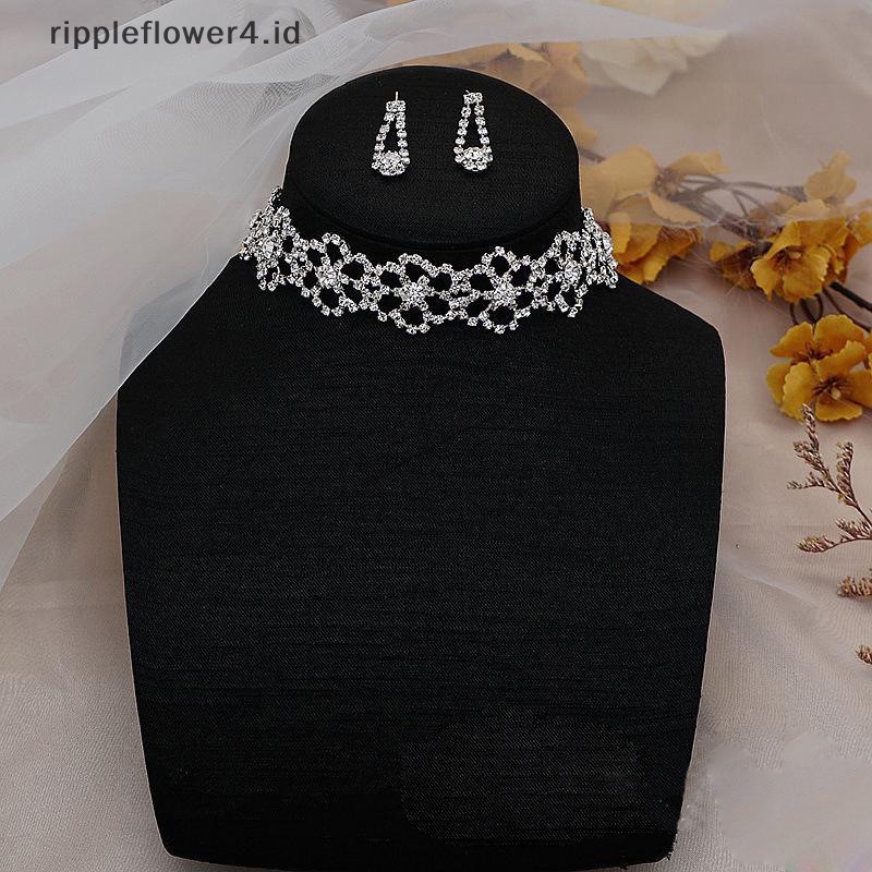 {rippleflower4.id} Set Perhiasan Pengantin Kristal Fashion Berlian Imitasi Berlapis Perak Kalung Anting Set~