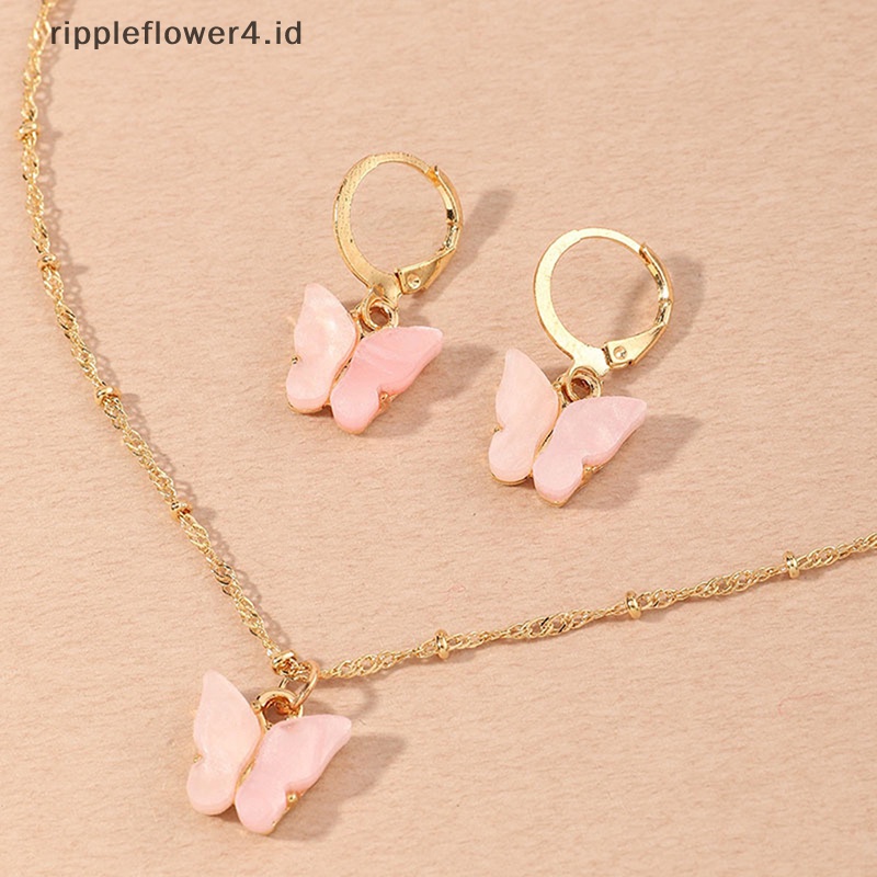 {rippleflower4.id} Kalung Liontin Kupu-Kupu Boho Acrylic Drop Earrings Set Perhiasan~