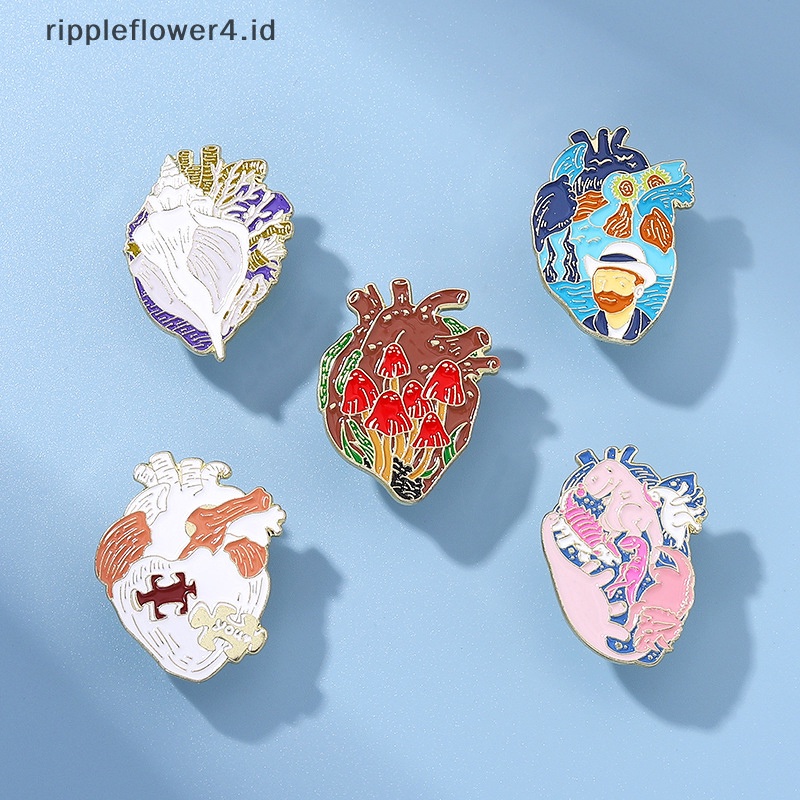 {rippleflower4.id} Art Heart Oil Pager Bros Warna-Warni Jantung Enamel Pin Jamur Minyak Paing Puzzle Dinosaurus Keong Laple Lencana Organ Perhiasan~