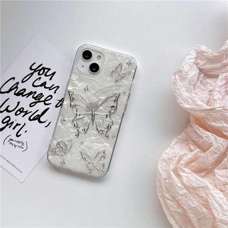 Ins Premium Butterfly Cocok Untuk iPhone 14 Pro Max Casing Ponsel iPhone Dua Lapis Pola Dicetak Kompatibel Dengan Iphone13 13pro 13prm iPhone 11 11pro 14plus 12Pro Max Casing Ponsel TPU Tahan Guncangan