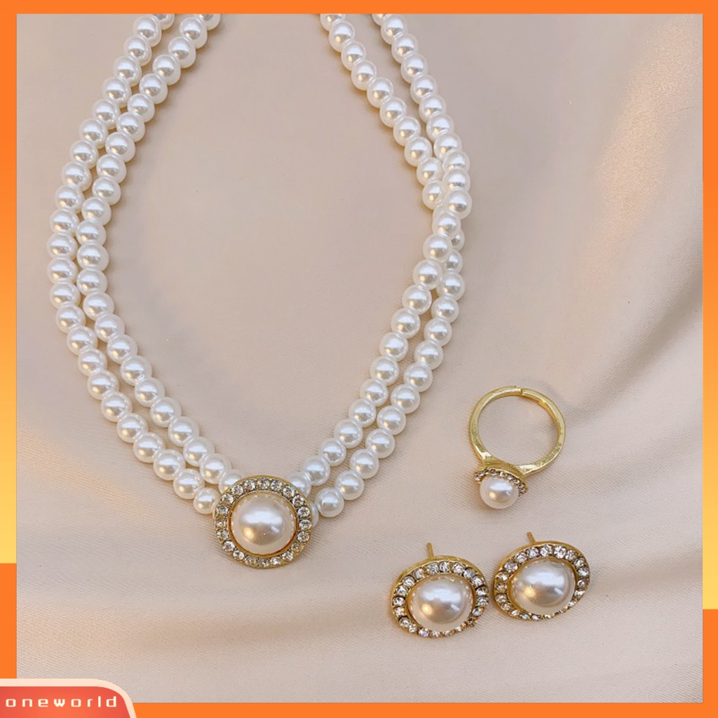 [WOD] 1set Kalung Pengantin Gaya Perancis Vintage Temperamen Double Layer Hadiah Elegan Hypoallergenic High Gloss Mutiara Imitasi Anting Cincin Perhiasan Pernikahan