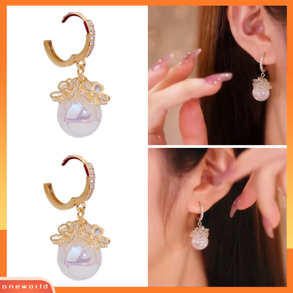 [WOD] 1pasang Menjuntai Anting Berlian Imitasi Mengkilap Inlay Mutiara Imitasi Liontin Gaun Elegan Paduan Perhiasan Wanita Bunga Hoop Drop Earrings Perhiasan Pesta Pernikahan