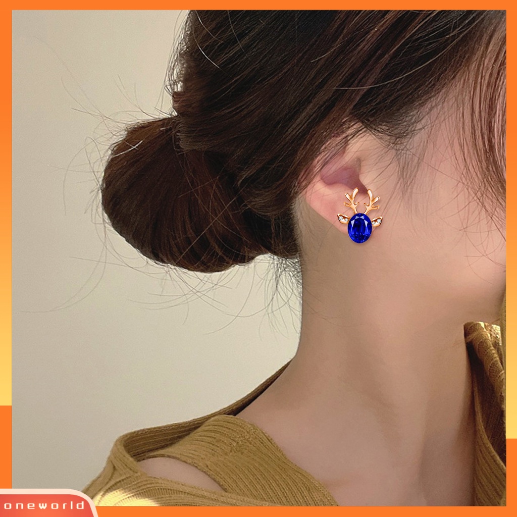 [WOD] 2pcs Natal Telinga Studs Boho Faux Gemstone Shiny Rhinestone Hias Festival Hadiah Xmas Tanduk Stud Anting Wanita Pesta Perhiasan Untuk Tahun Baru