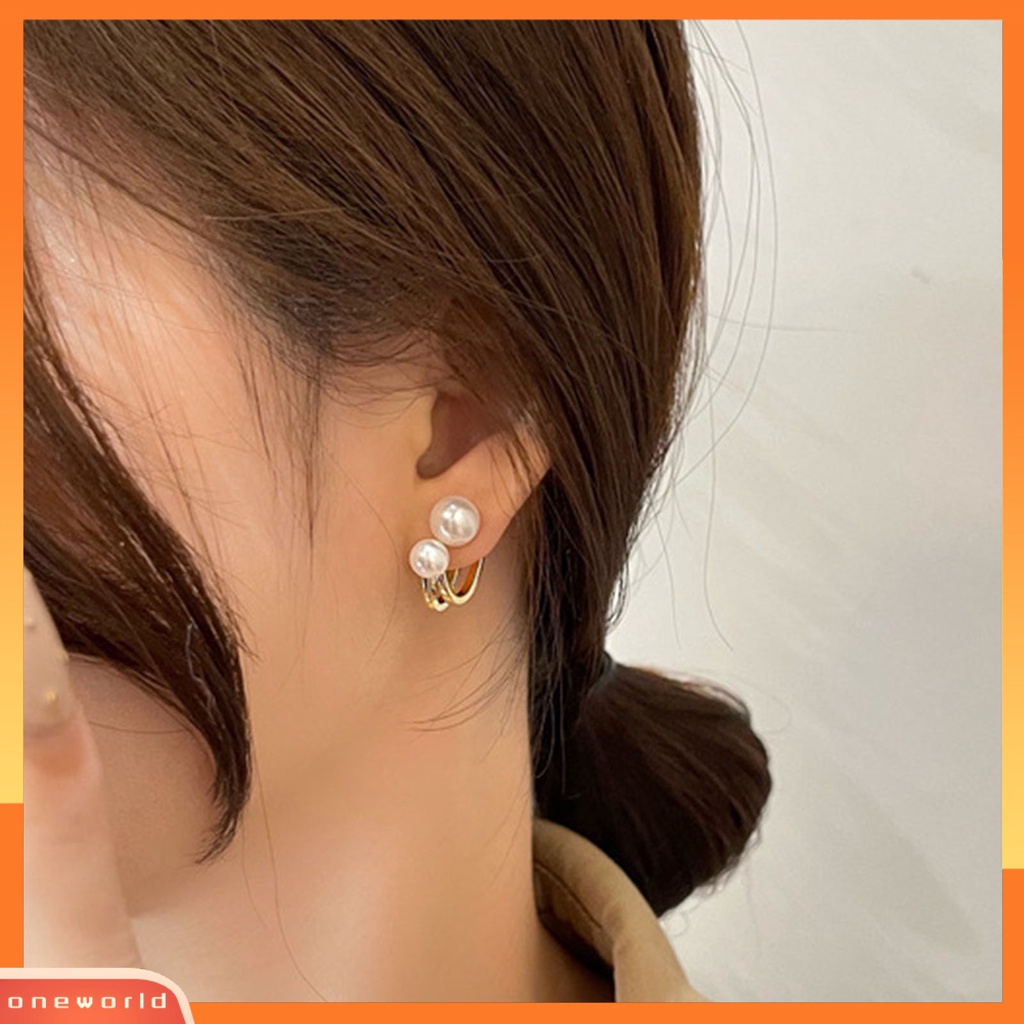 [WOD] 1pasang Anting Lady Mutiara Imitasi Simple Double-layer Anggun Stud Earrings Untuk Hadiah