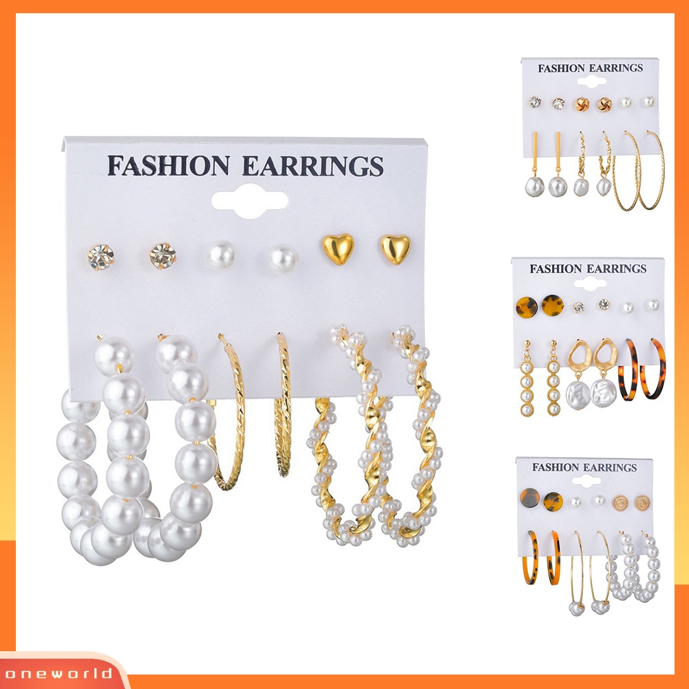 [WOD] 6pasang Wanita Mutiara Imitasi Rumbai Geometris Menjuntai Ear Studs Hoop Earrings Jewelry