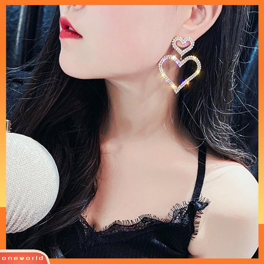 [WOD] Wanita Elegan Berlian Imitasi Jantung Teardrop Menjuntai Ear Drop Earrings Perhiasan Pesta