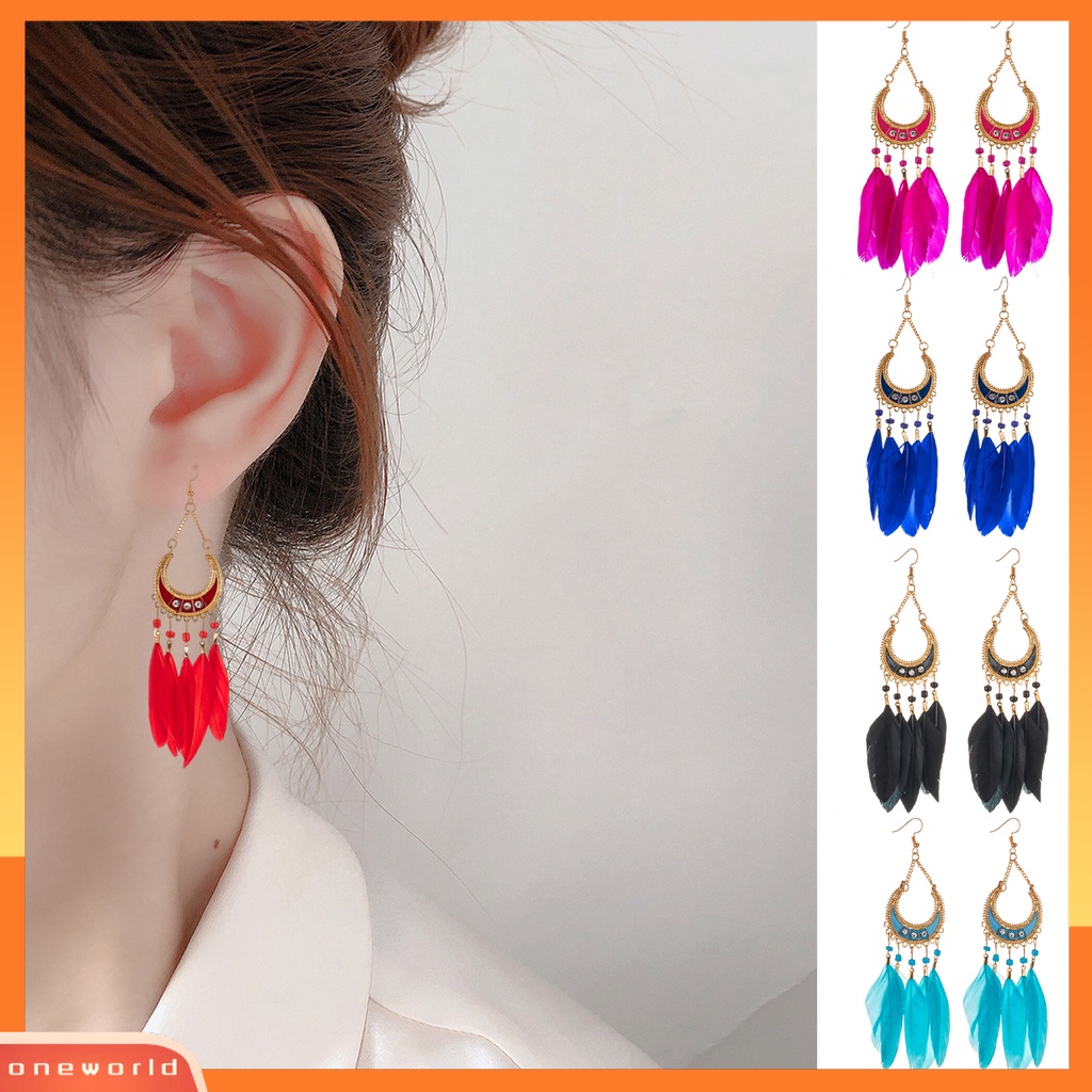 [WOD] 1pasang Lady Drop Anting Gaya Bohemia Etnik Bulu Sintetis Indah Lady Boho Menjuntai Anting Prom Perhiasan