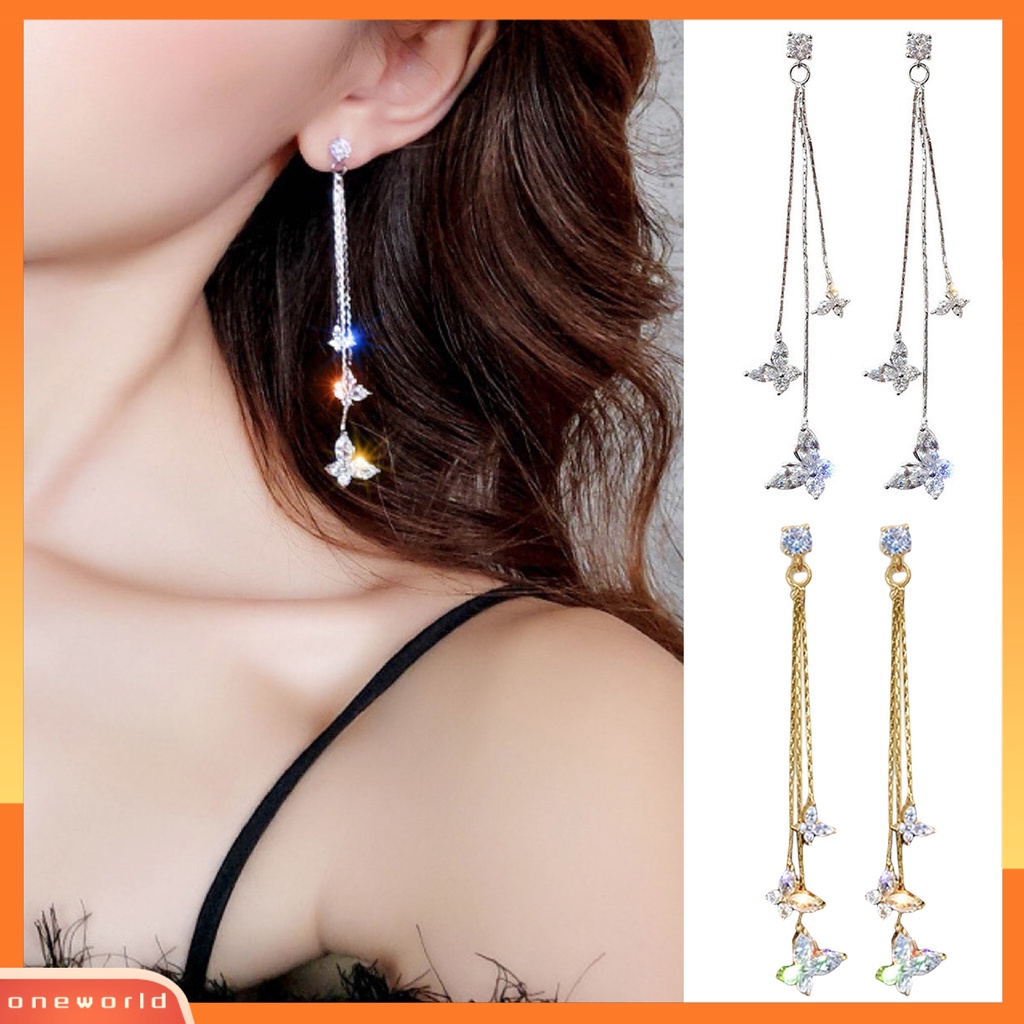 [WOD] 1pasang Wanita Linear Anting Gaya Bohemia Mengkilap Cubic Zirconia Rumbai Bentuk Kupu-Kupu Drop Earrings Perhiasan Pacaran