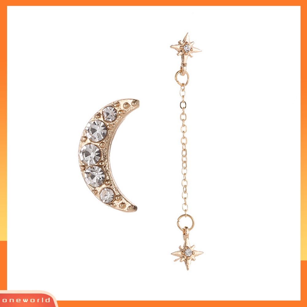 [WOD] 2pcs Wanita Berlian Imitasi Hias Bulan Sabit Bintang Pesona Rantai Telinga Studs Perhiasan