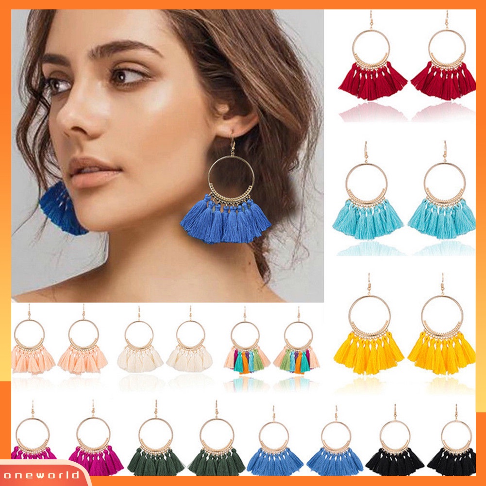 [WOD] Wanita Vintage Boho Besar Hoop Panjang Rumbai Fringe Menjuntai Kait Anting Perhiasan