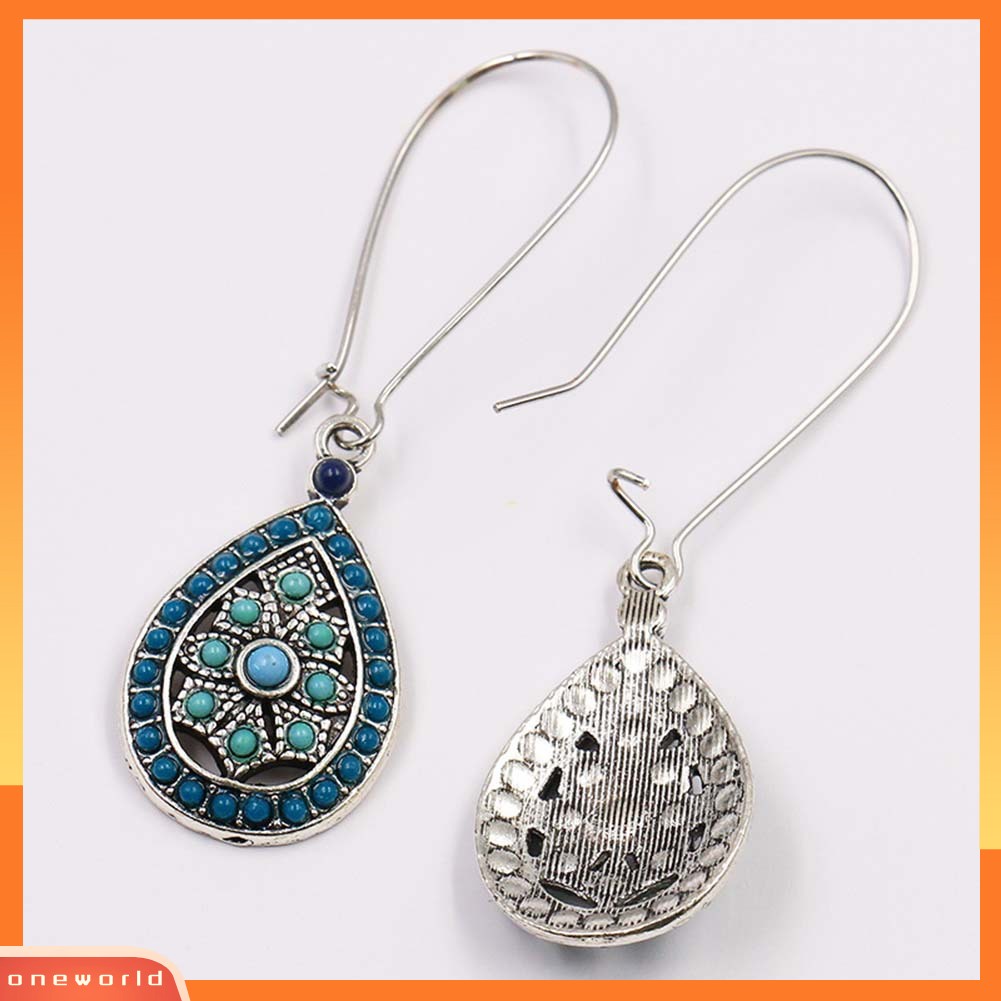 [WOD] Bohemian Wanita Manik-Manik Faux Turquoise Hias Hollow Teardrop Menjuntai Kait Anting