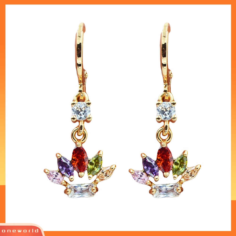 [WOD] Wanita Multicolor Berlian Imitasi Bertatahkan Mahkota Menjuntai Leverback Earrings Perhiasan Hadiah