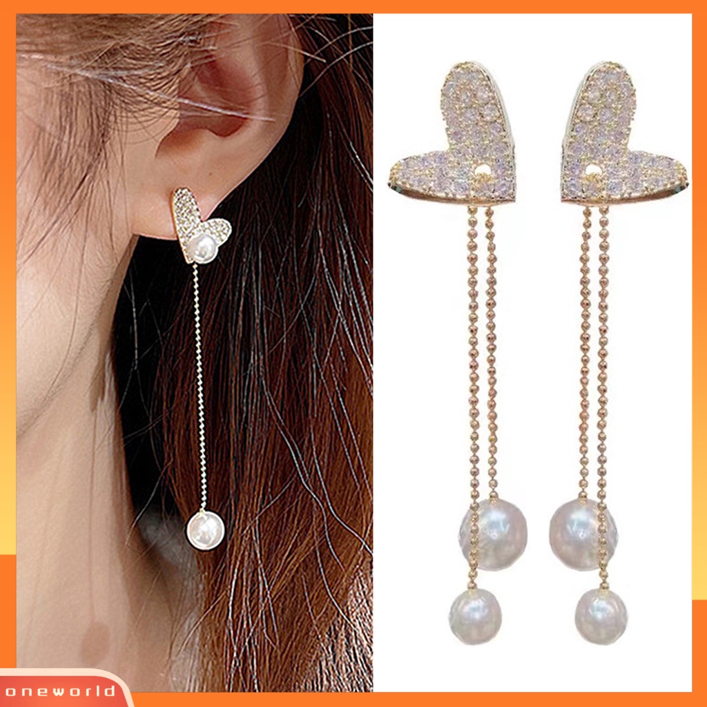 [WOD] Wanita Anting Linier Elegan Berlian Imitasi Mengkilap Bertatahkan Rumbai Panjang Bentuk Hati Drop Earrings Prom Earrings