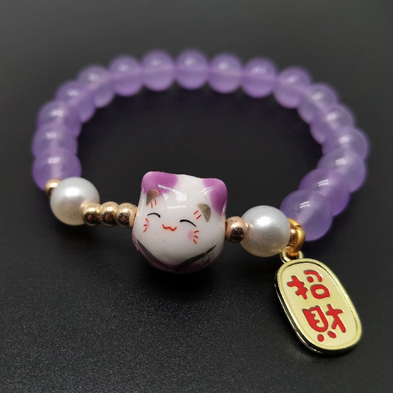 Lucky Cat Stone Beads Bracelet Bangles Sederhana Manis Gelang Keramik Untuk Wanita Gadis Hadiah Ulang Tahun Perempuan Pesona Perhiasan