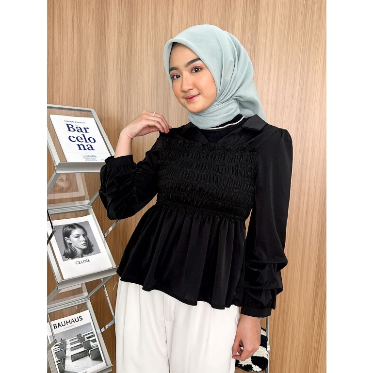 Kiyomi Blouse Wanita Korea Silk Ruffle by Vanesha Wear