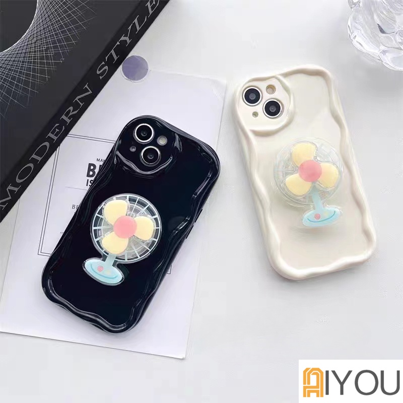 Kipas Rotated Holder Phone Case Untuk IPhone 13 12 14 11 Pro MAX 7 8 6 S Plus 11Pro X XR XS MAX SE 2020 14Plus Case Silikon Lembut Shockproof Gelombang Lurus Pelindung Stand Cover