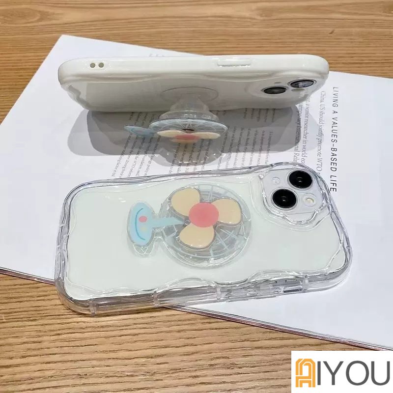 Kipas Rotated Holder Phone Case Untuk IPhone 13 12 14 11 Pro MAX 7 8 6 S Plus 11Pro X XR XS MAX SE 2020 14Plus Case Silikon Lembut Shockproof Gelombang Lurus Pelindung Stand Cover