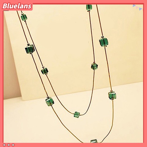[BLS] Wanita Square Rhinestones Beads 2lapisan Golden Alloy Rantai Panjang Sweater Kalung