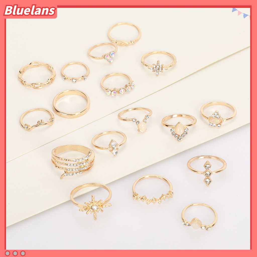 [BLS] 17pcs /Set Cincin Jari Bohemian Perhiasan Hadiah Wanita Buatan Batu Permata Berlian Imitasi Finger Ring Untuk Pacaran