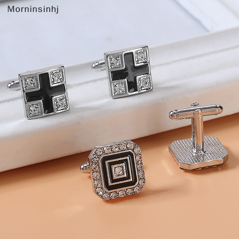 Mornin French Manset Fashion Bisnis Setelan Manset Kancing Persegi Bergaris Dipernis Perhiasan Pria Berlian Tertanam Kemeja Lengan Studs id