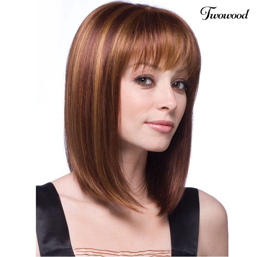 Twowood Fashion Pendek Bob Lurus Poni Wig Wanita Alami Sopak Cosplay Aksesori