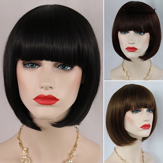 Twowood Fashion Wanita Pendek Lurus Bobo Dengan Poni Penuh Wig Cosplay Pesta Ekstensi