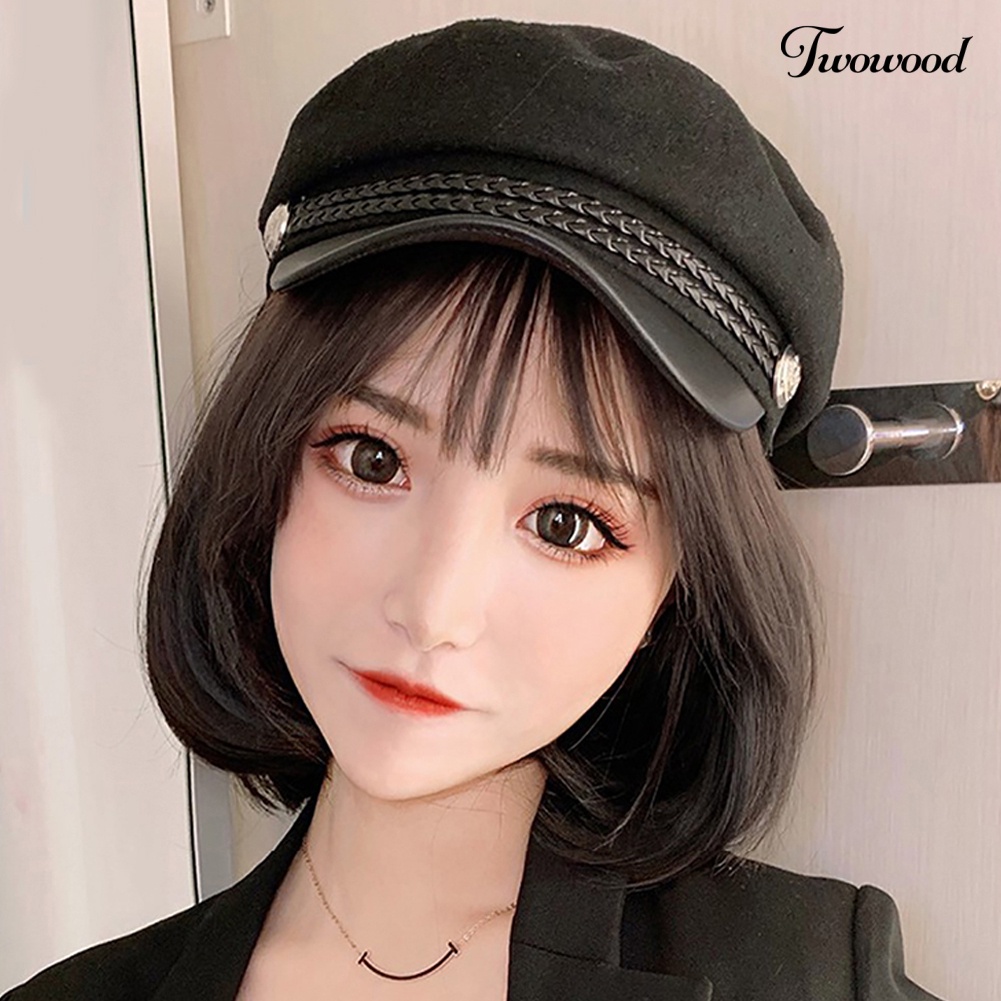 Twowood Wanita Bergaya Bob Lurus Pendek Wig Sopak Rambut Ekstensi Dengan Topi Muncak