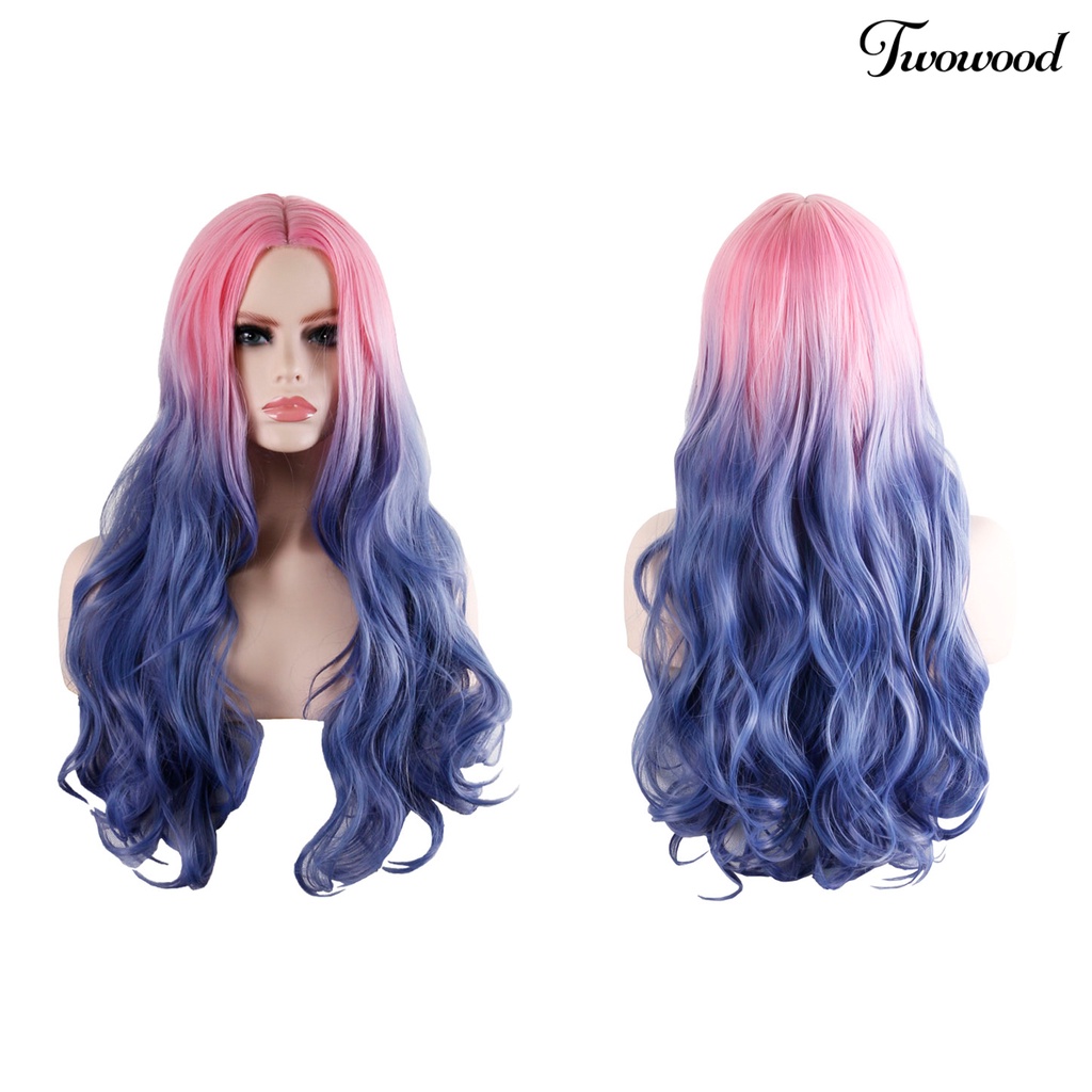 Twowood Fashion Wanita Panjang Keriting Rambut Gradien Warna Cosplay Wig Ekstensi Sopak